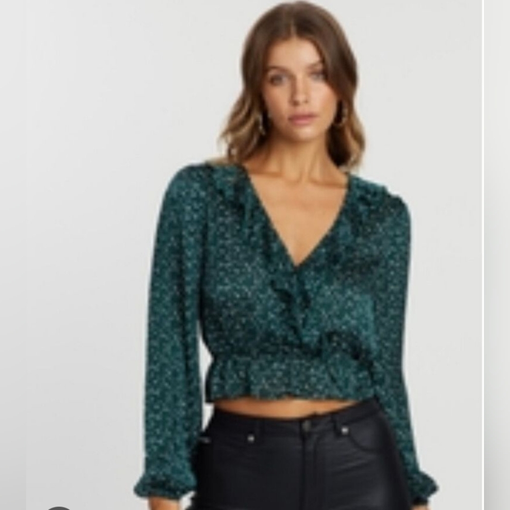 Blush Boutique Teal Green Long‎ Sleeve Ruffle Satin Polka Dot Blouse Size Large